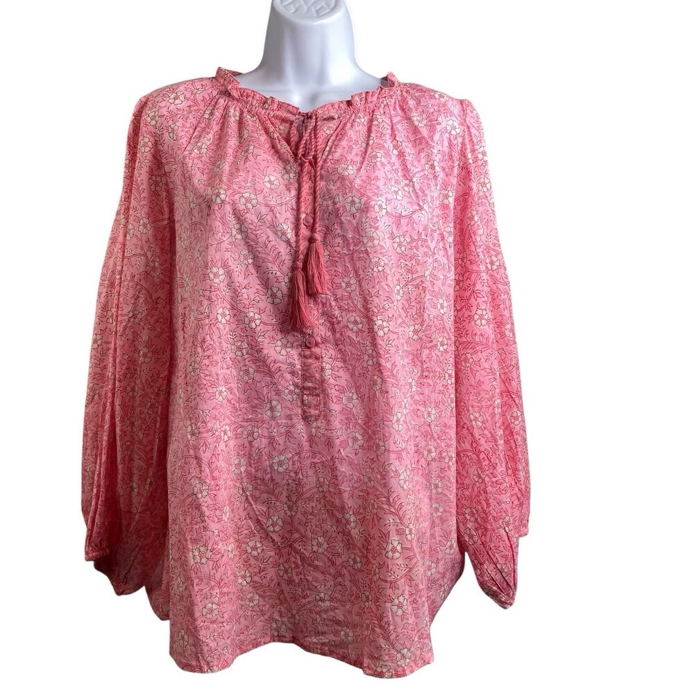 Pink Floral Peasant Blouse with Tassel Tie